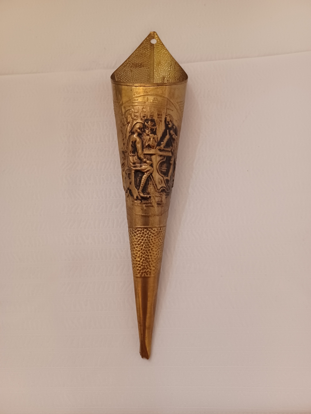 Vintage Gold Embossed Metal Cone Wall Pocket Match Holder Hanging Accent